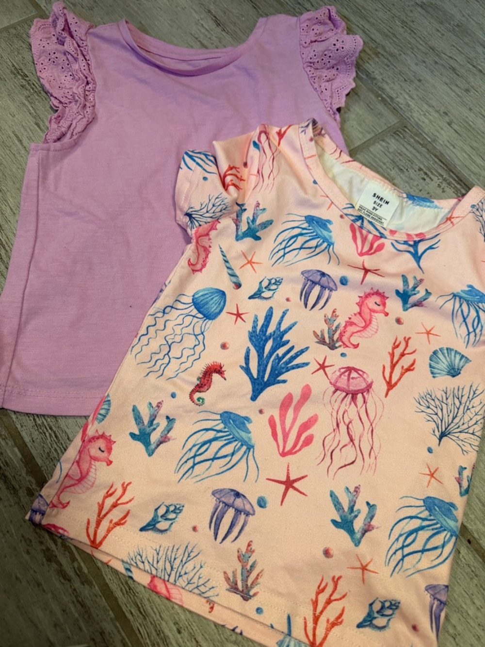 Cat& Jack and SHEIN Girls' Pink Sea Life Tee & Lavender Ruffle Sleeve Tops 3T